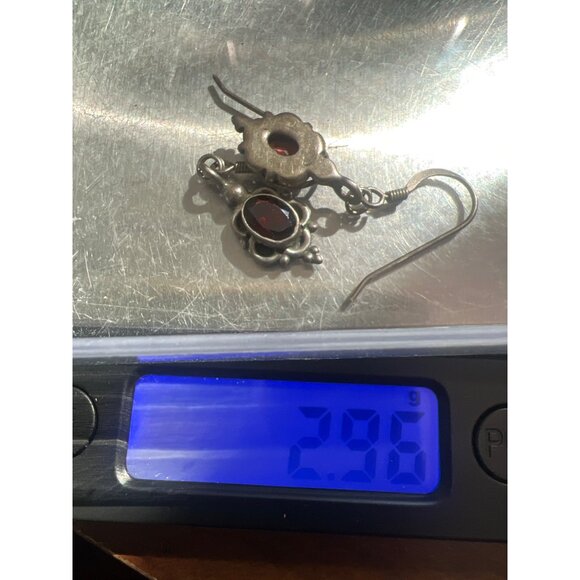 Vtg Sterling Silver 925 Garnet Dangle Earrings Faceted Red Gemstones Tested Boho - Picture 12 of 12